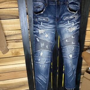 Preme Men's Distressed Blue Moto style Jeans size 36x33